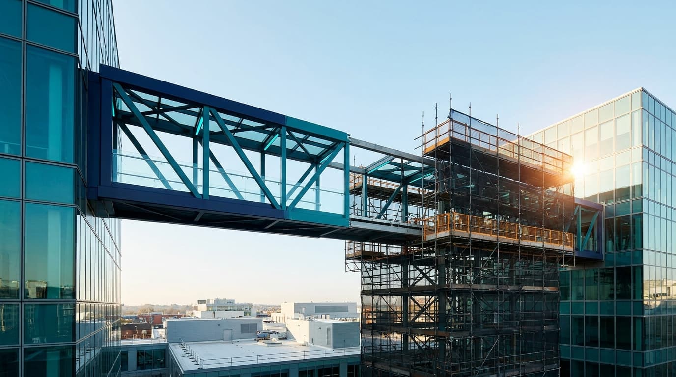A bright pedestrian bridge under construction reaching across a gap toward a sunlit modern building, its final span not yet in place.
