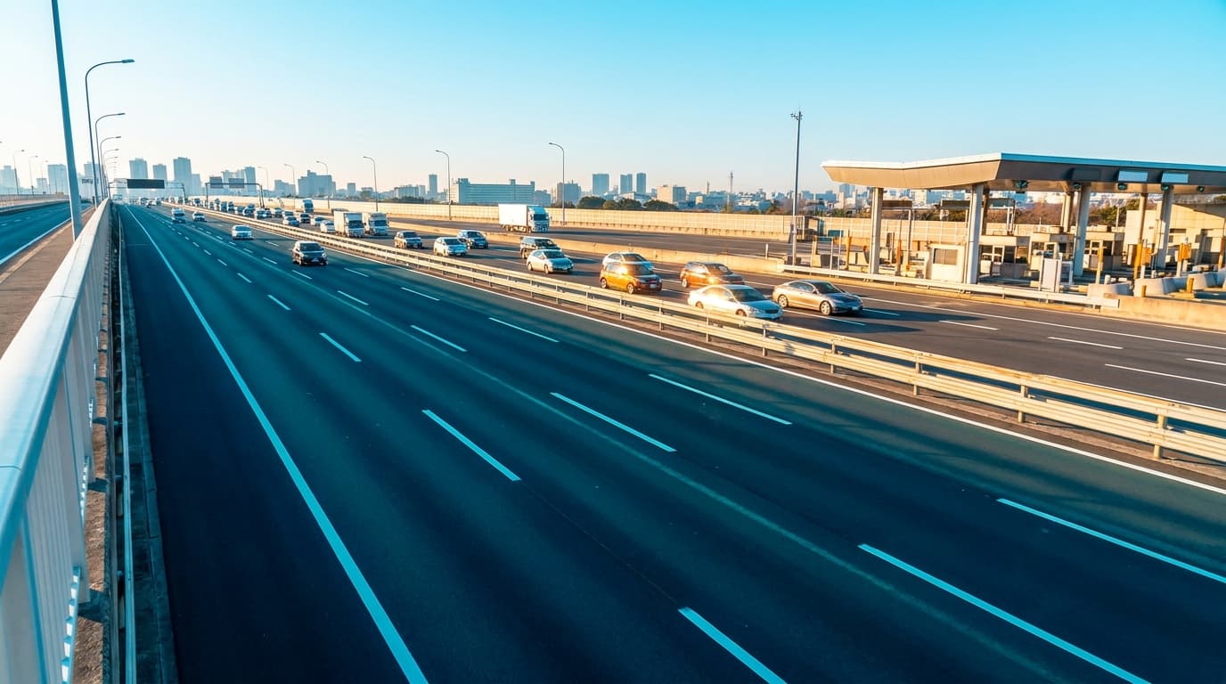 A bright multi-lane highway funneling into a single open toll gate under a clear morning sky, cars queued in the sunlight.
