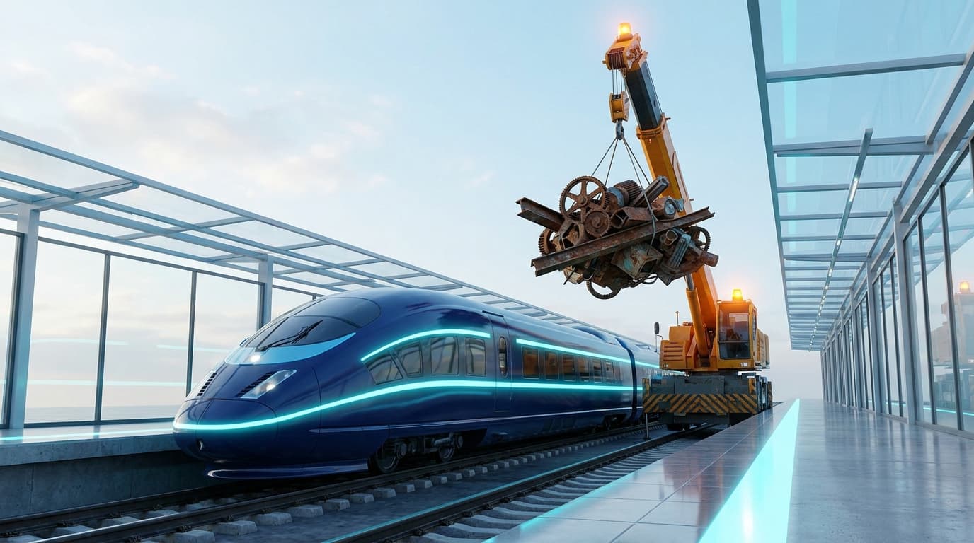 A modern cyan train waiting at a daylight platform while old machinery is craned off the track ahead.