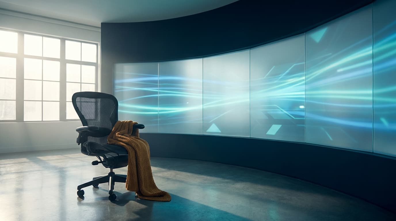 A bright operations studio with a curved wall of cyan dashboards and one empty chair in morning light.