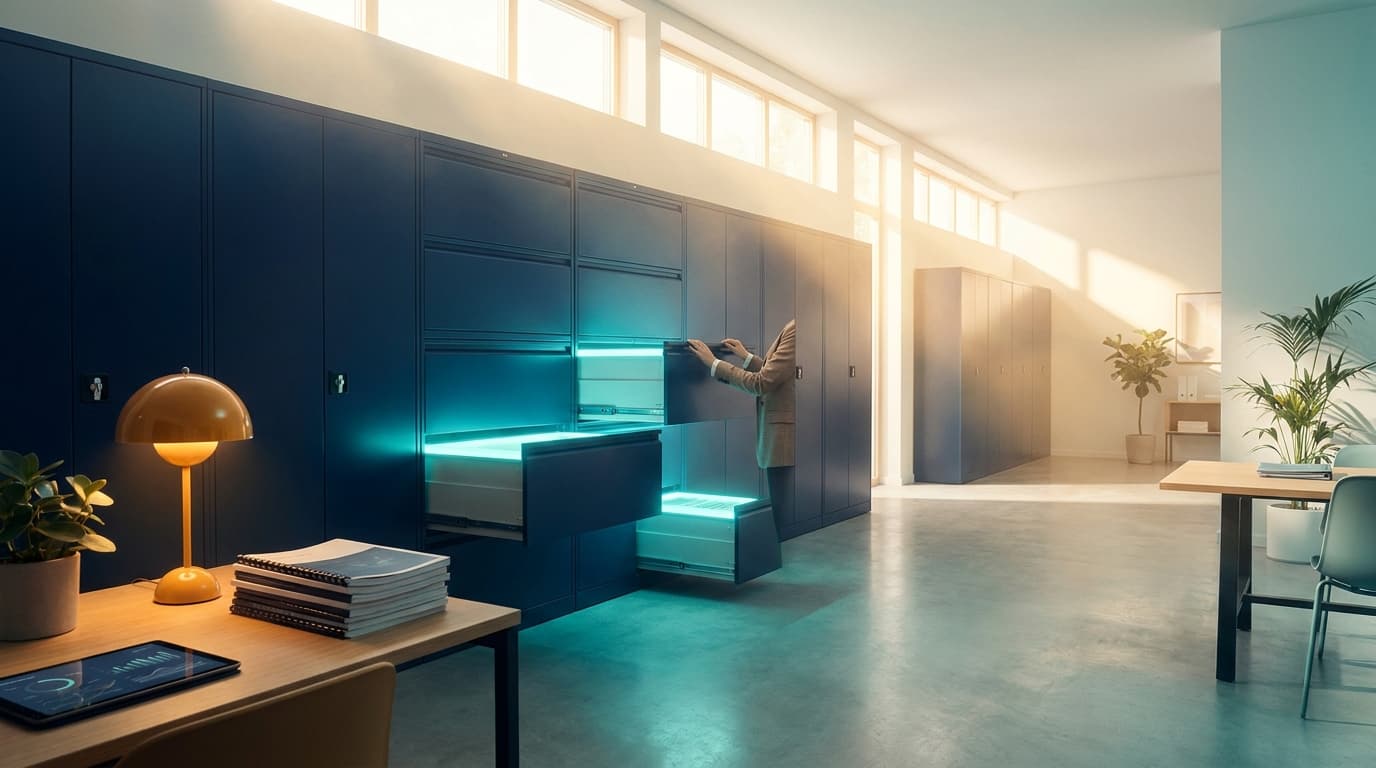 A bright archive room of navy filing drawers, three open and glowing cyan in the morning sun.