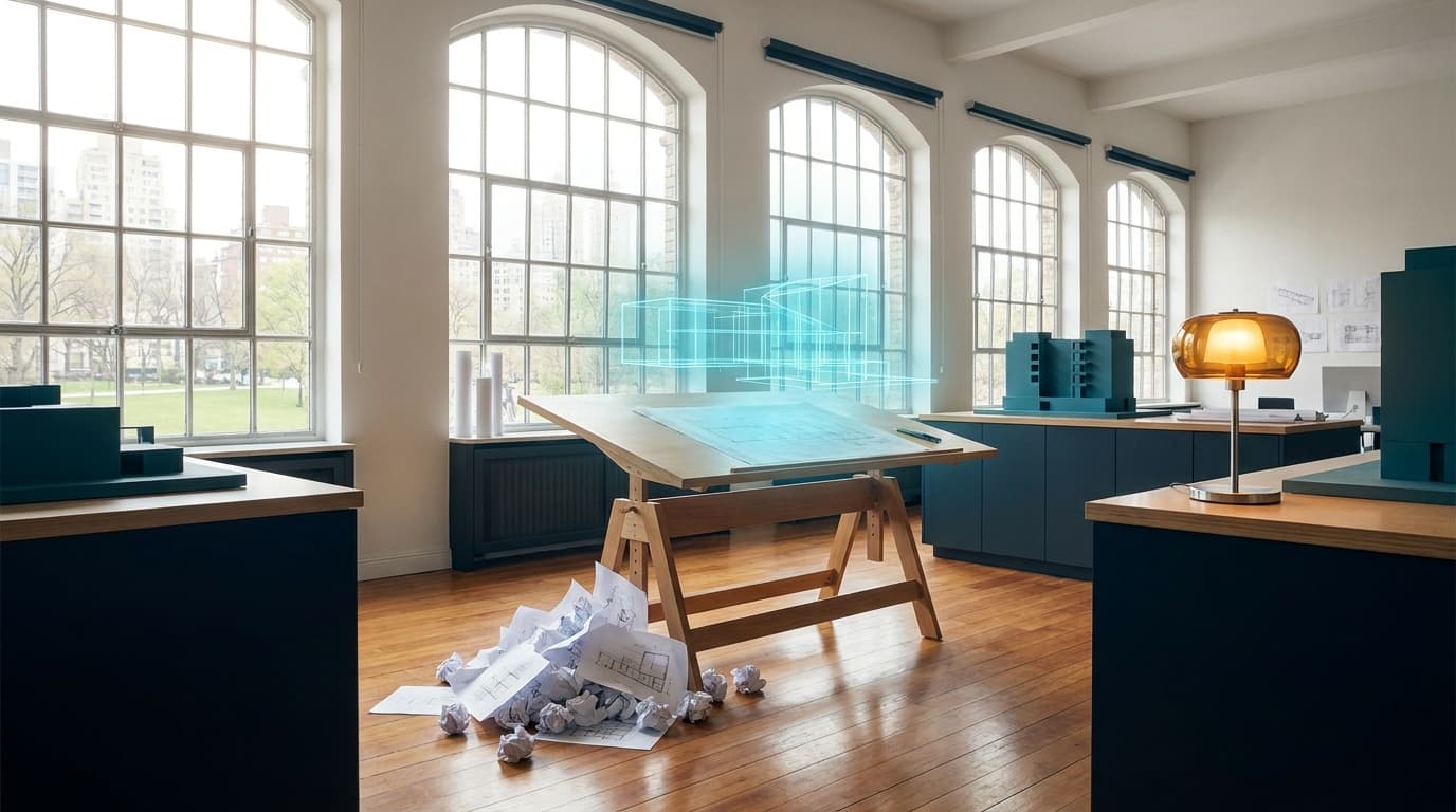 A crisp cyan holographic blueprint hovering over a drafting table in a sunlit studio.