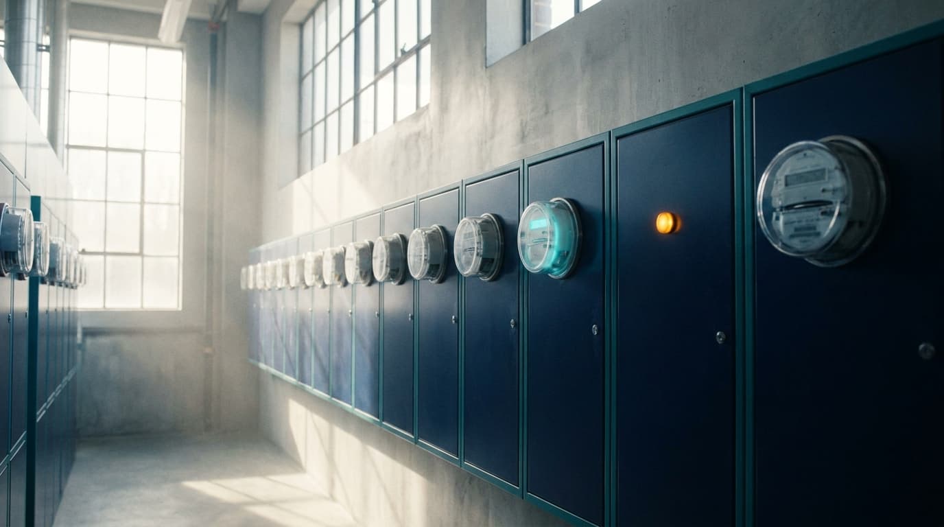 A sunlit wall of glass utility meters in a bright modern plant room, one dial glowing cyan among navy housings.