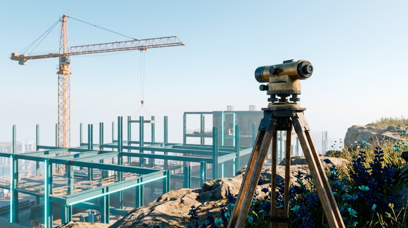 A surveyor's level on a wooden tripod overlooking a bright construction site, teal steel framing rising beside an amber crane under a clear sky.