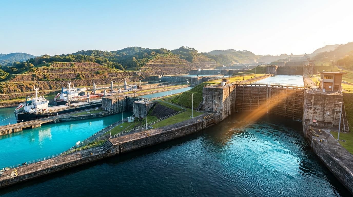 Cargo ships waiting in bright turquoise water below a canal lock, its gates stepping up toward the horizon in morning sun.