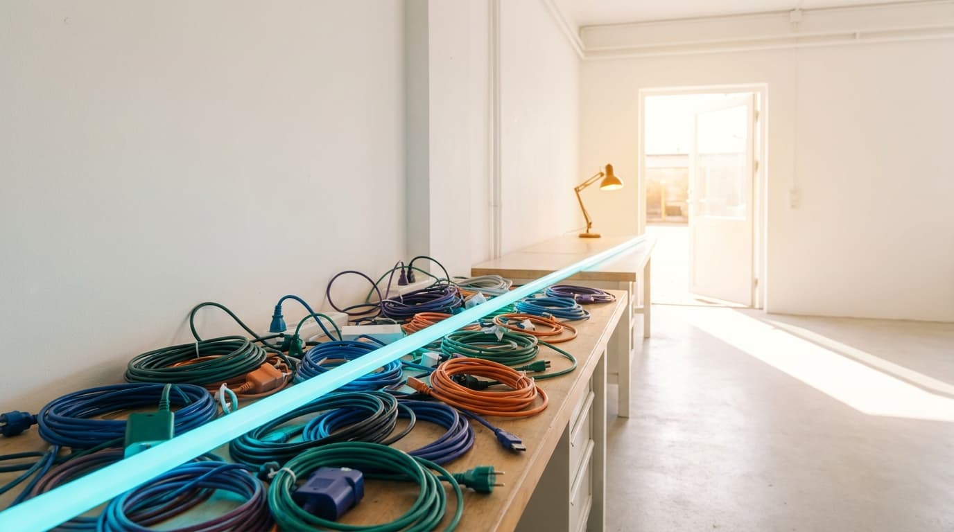 A bench of tangled mismatched cables in daylight, one clean cyan cable running straight through.