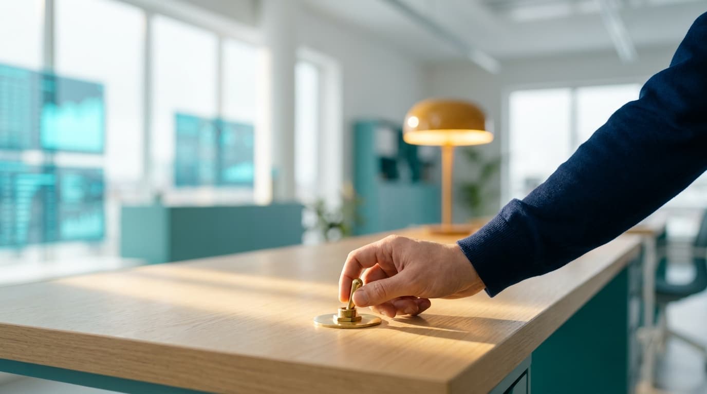 A hand resting on a brass switch on a sunlit desk, automated dashboards blurred behind.