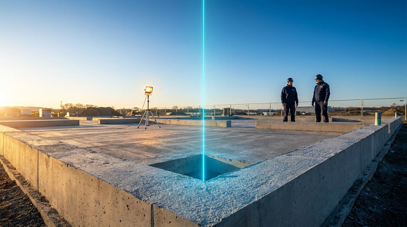 A glowing cyan plumb line hanging perfectly straight over a fresh foundation in morning sun.