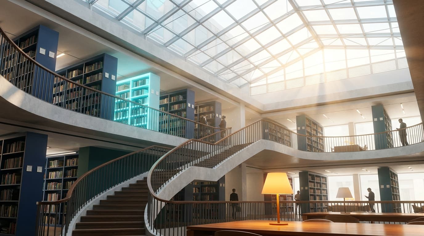 A bright library atrium under a glass ceiling, one shelf glowing cyan between the stacks.