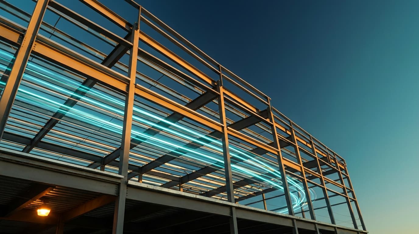 Cyan light trails streaming through the steel frame of a building under construction at bright dawn.