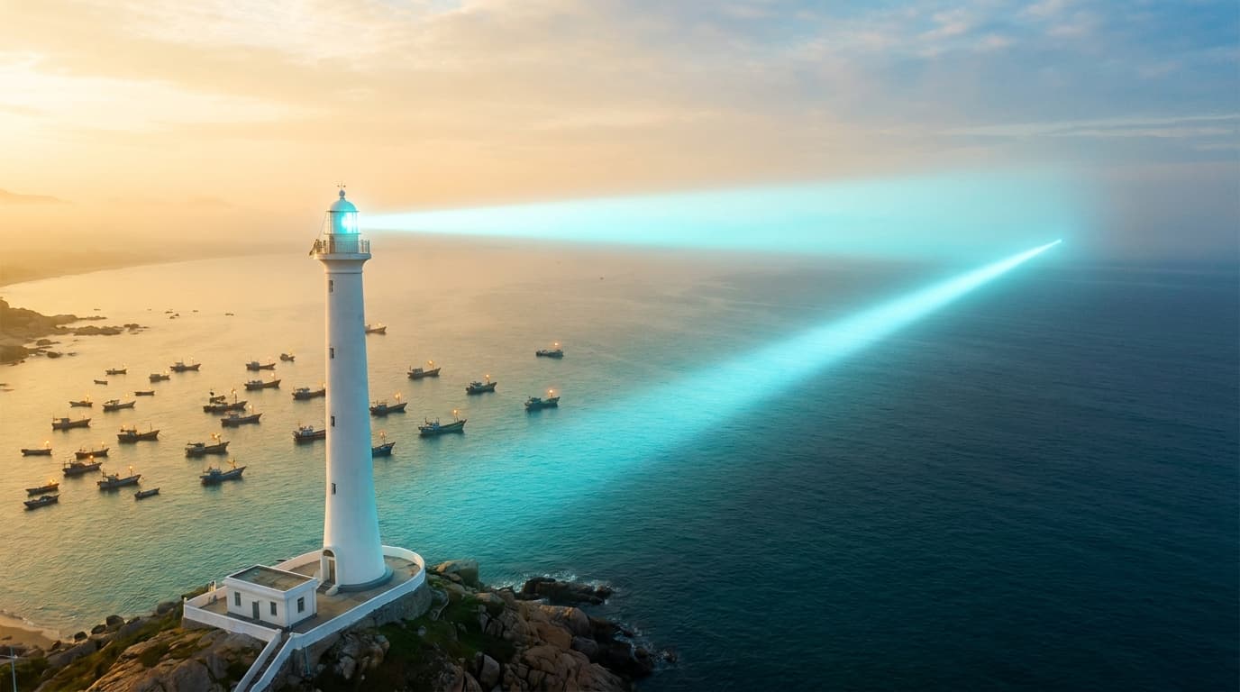A lighthouse at sunrise casting one focused cyan beam across bright water dotted with small boats.