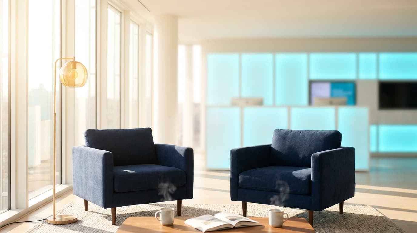 Two armchairs facing each other in a sunlit lounge, technology glowing softly far in the background.