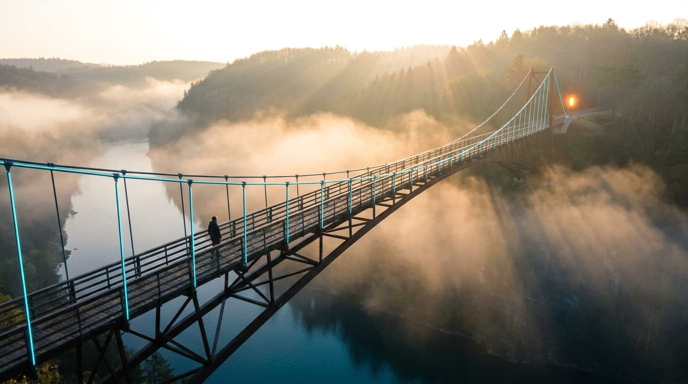 A footbridge with cyan-lit cables spanning a river gorge in bright golden morning mist.