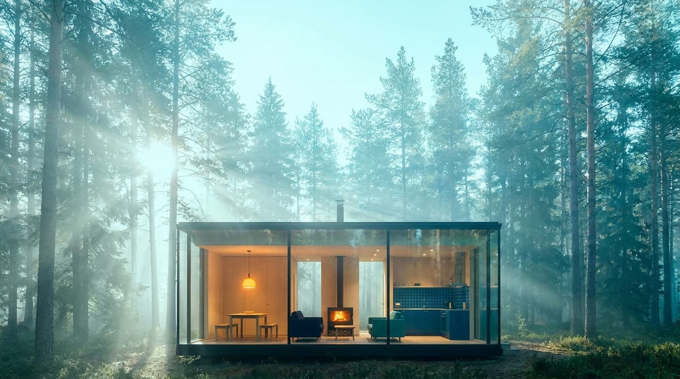 A glass-walled cabin with a warm visible interior in a bright misty pine forest.