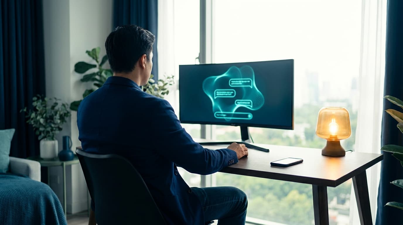 A person at a sunlit desk facing a large screen with a glowing cyan chat interface, phone face-down beside them.