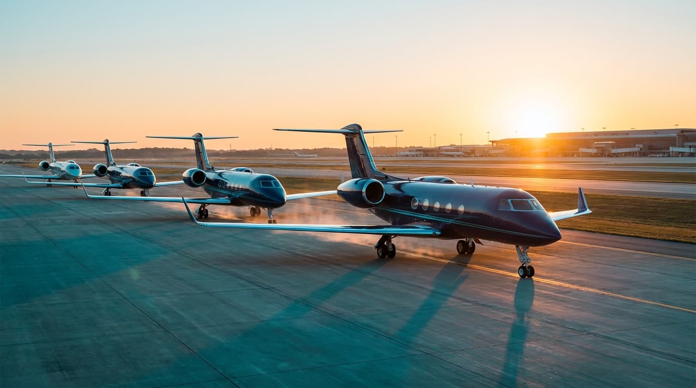 Aircraft queued nose-to-tail on a sunlit airport taxiway toward a single runway, morning light, clear sky.