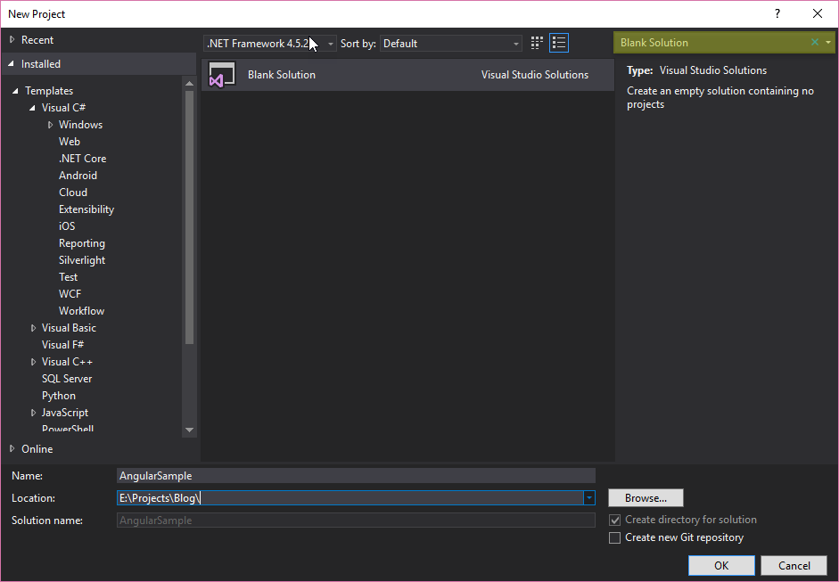 Visual Studio -> Create Blank Solution